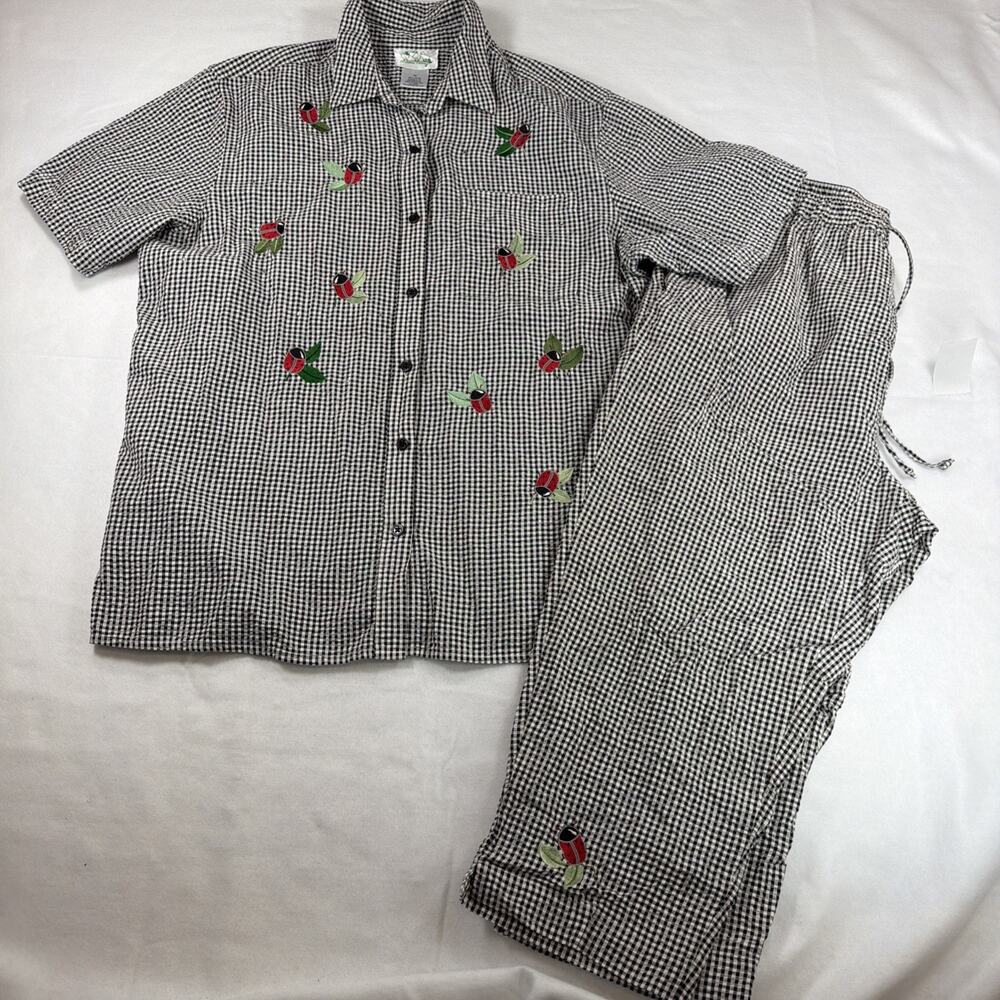 VTG Quacker Factory Gingham Ladybug Pant Set Rhinestone Pajamas Plus Size 1X